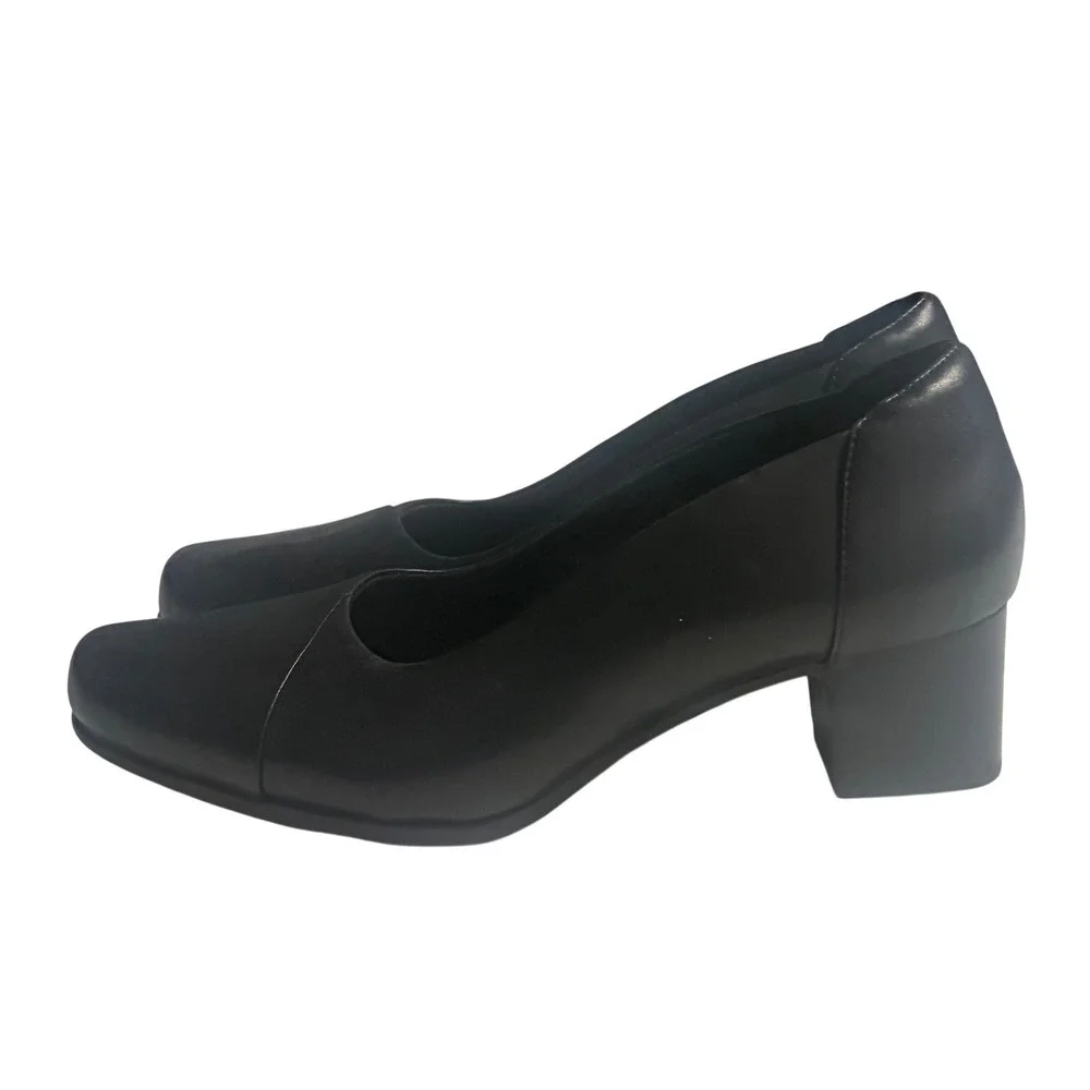 Clarks Unstructured Black Leather Block Heel Pumps Round Toe‎ Womens 10 M